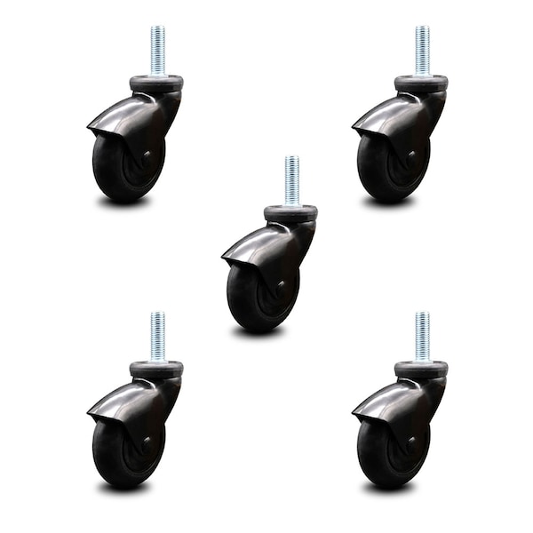 3 Inch Black Hooded Neoprene Rubber 1/2 Inch Threaded Stem Casters SCC, 5PK